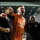 Rangers goalkeeper Jack Butland celebrates with Cyriel Dessers  (L) and Mohamed Diomande (R) after the penalty shoot-out win over Fenerbahce. (Photo by Alan Harvey / SNS Group)