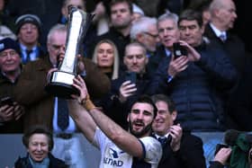 Charles Ollivon of France lifts the Auld Alliance Trophy following the team's victory during the Guinness Six Nations 2024 match between Scotland and France at BT Murrayfield Stadium on February 10, 2024.