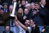 Charles Ollivon of France lifts the Auld Alliance Trophy following the team's victory during the Guinness Six Nations 2024 match between Scotland and France at BT Murrayfield Stadium on February 10, 2024.