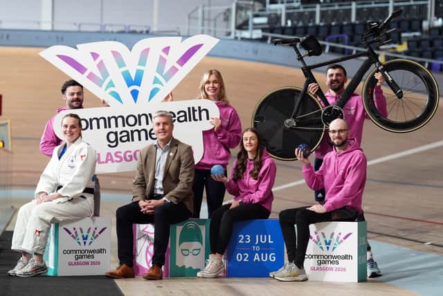 Katie Shanahan, Jason Epton, Rachel Tytler, Ian Reid CBE, Beth Riva, Callum Deboysand Jason Banks at the Sir Chris Hoy Velodrome in Glasgow.