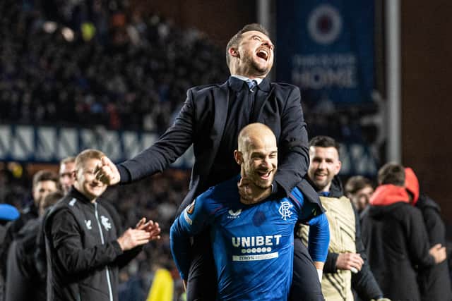 Rangers interim head coach Barry Ferguson celebrates with Vaclav Cerny after the penalty shoot-out victory over Fenerbahce at Ibrox. (Photo by Alan Harvey / SNS Group)