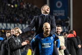 Rangers interim head coach Barry Ferguson celebrates with Vaclav Cerny after the penalty shoot-out victory over Fenerbahce at Ibrox. (Photo by Alan Harvey / SNS Group)