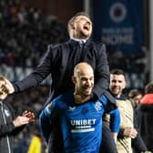 Rangers interim head coach Barry Ferguson celebrates with Vaclav Cerny after the penalty shoot-out victory over Fenerbahce at Ibrox. (Photo by Alan Harvey / SNS Group)