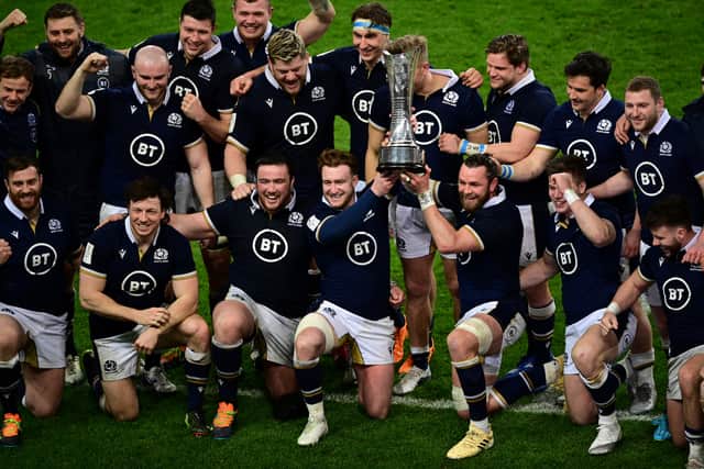 Scotland's players pose with the Auld Alliance Trophy back in 2021 in Paris.