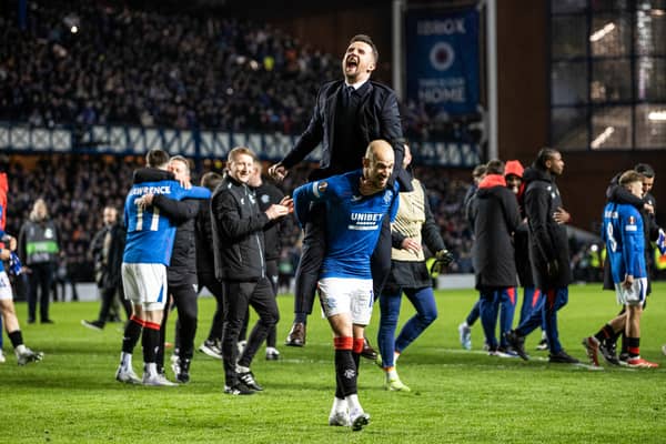 Interim Rangers head coach Barry Ferguson celebrates with Vaclav Cerny after beating Fenerbahce.