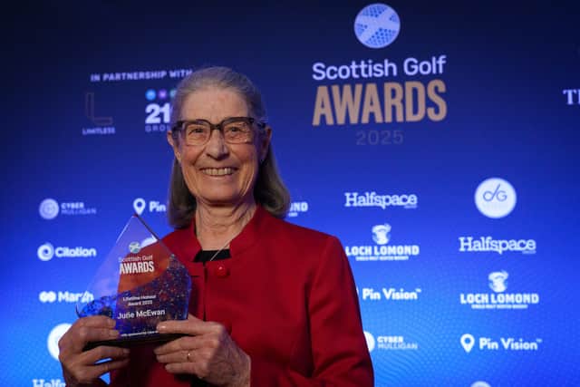 June McEwan shows off her Scottish Golf Lifetime Award Honour at Friday’s event in Glasgow