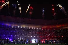 A general view of the inside of the stadium as players of Scotland and France line up during the anthems.