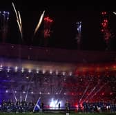 A general view of the inside of the stadium as players of Scotland and France line up during the anthems.