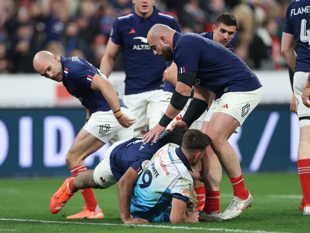 Peato Mauvaka of France escaped a red card for this incident with Scotland scrum-half Ben White.
