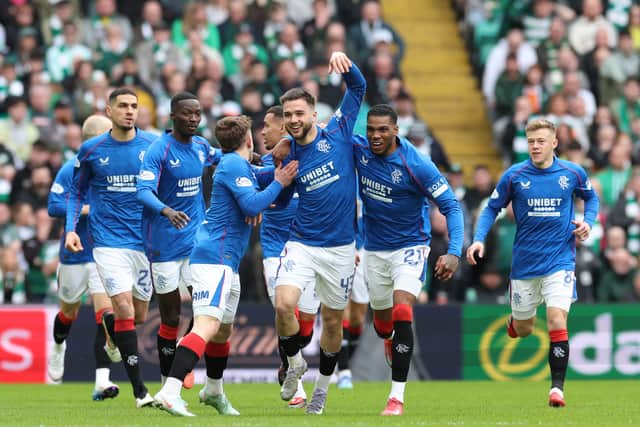 Nicolas Raskin celebrates after scoring Rangers opener against Celtic.