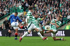 Hamza Igamane of Rangers scores his team's third goal against Celtic in the closing stages