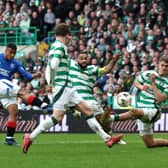 Hamza Igamane of Rangers scores his team's third goal against Celtic in the closing stages