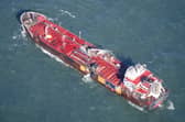The MV Stena Immaculate oil tanker at anchor in the Humber Estuary off the coast of East Yorkshire following a collision with the Solong container ship