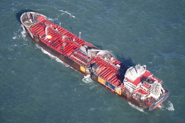 The MV Stena Immaculate oil tanker at anchor in the Humber Estuary off the coast of East Yorkshire following a collision with the Solong container ship