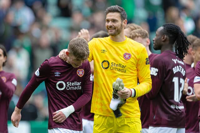 Hearts' James Wilson (L) with Craig Gordon after scoring a late equaliser against Hibs in October. (Photo by Mark Scates / SNS Group)