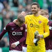 Hearts' James Wilson (L) with Craig Gordon after scoring a late equaliser against Hibs in October. (Photo by Mark Scates / SNS Group)