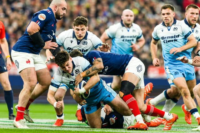 Scotland's Tom Jordan in action during the Six Nations defeat to France in Paris. (Photo by Craig Williamson / SNS Group)