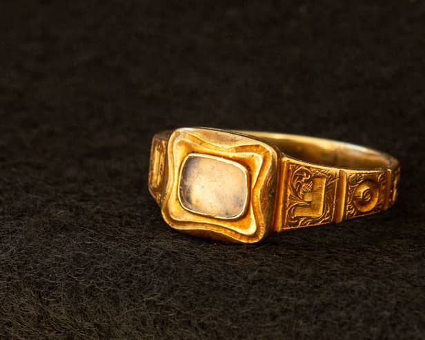 A mourning ring engraved with 19th Century Scottish geologist Hugh Miller's name and the date of his birth and death