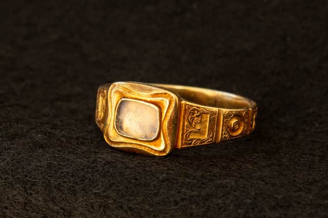 A mourning ring engraved with 19th Century Scottish geologist Hugh Miller's name and the date of his birth and death