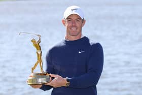 Rory McIlroy show off the trophy after beating J.J. Spaun in a three hole play-off to win The Players Championship  at TPC Sawgrass in Ponte Vedra Beach, Florida