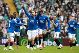 Nicolas Raskin celebrates his opening goal in Rangers' 3-2 win over Celtic at Celtic Park on Sunday. Cr: SNS Group.
