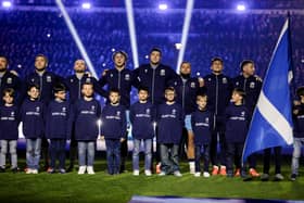 Scotland players during the national anthem ahead of the final Six Nations match against France in Paris. (Photo by Craig Williamson / SNS Group)