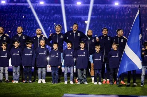 Scotland players during the national anthem ahead of the final Six Nations match against France in Paris. (Photo by Craig Williamson / SNS Group)