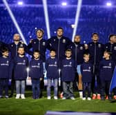 Scotland players during the national anthem ahead of the final Six Nations match against France in Paris. (Photo by Craig Williamson / SNS Group)