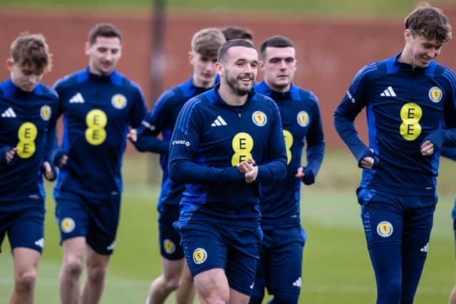 John McGinn (centre) during a Scotland training session at the City Stadium, Glasgow, on Monday, March 17. (Photo by Alan Harvey / SNS Group)