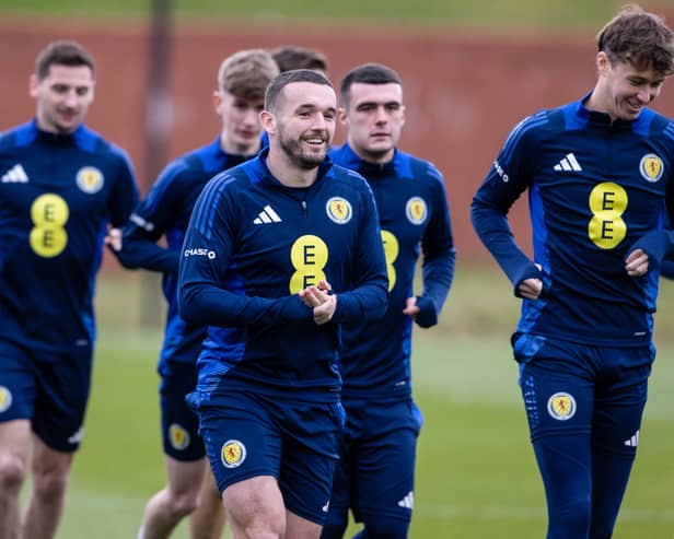 John McGinn (centre) during a Scotland training session at the City Stadium, Glasgow, on Monday, March 17. (Photo by Alan Harvey / SNS Group)