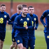 John McGinn (centre) during a Scotland training session at the City Stadium, Glasgow, on Monday, March 17. (Photo by Alan Harvey / SNS Group)