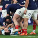 Ben White, grounded, holds his face after France's Peato Mauvaka had launched himself at the Scotland scrum-half.