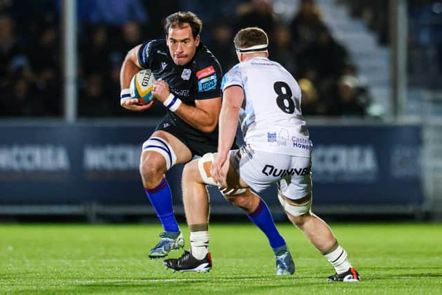 Glasgow Warriors' Henco Venter takes on Ospreys' Morgan Morse in a URC match at Scotstoun earlier this month.