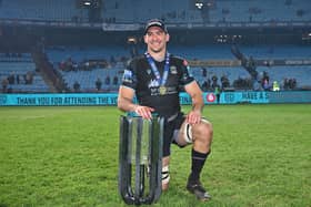 Henco Venter poses with the URC trophy after Glasgow Warriors' win over Vodacom Bulls in the final at Loftus Versfeld.