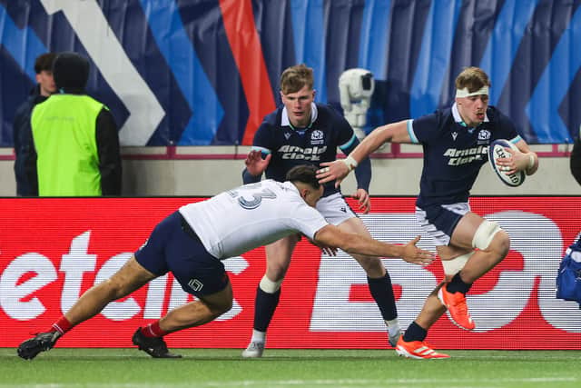 Scotland's Freddy Douglas runs through to score his side's fifth try during the Under-20 Six Nations match at Stade Jean-Bouin in Paris.