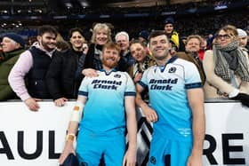 Cousins Gregor Brown and Blair Kinghorn with friends and family after they started together for the first time for Scotland, against France in Paris. 
