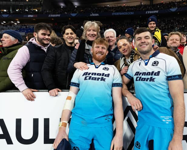 Cousins Gregor Brown and Blair Kinghorn with friends and family after they started together for the first time for Scotland, against France in Paris. 