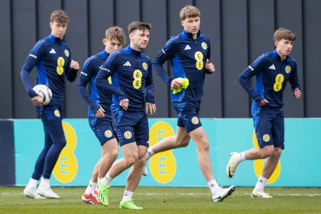 Kieran Tierney (centre) during a Scotland training session at the City Stadium, on March 17, 2025. (Photo by Alan Harvey / SNS Group)