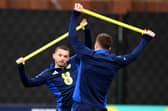 Scotland's John McGinn (left) and team-mate during a training session at Lesser Hampden, Glasgow. Picture date: Monday March 17, 2025.