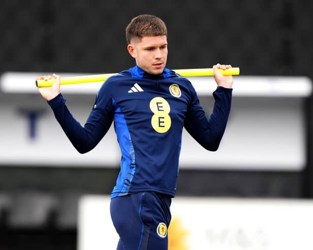 George Hirst during his first Scotland training session at Lesser Hampden, Glasgow. Picture date: Monday March 17, 2025.