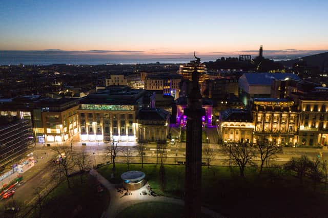 A drone image looking east from St Andrew Square shortly before the start of the Edinburgh Dawn Patrol ride on Tuesday