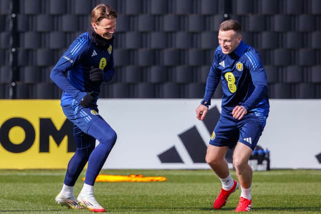 Scott McTominay (L) and Lewis Ferguson during a Scotland training session at The City Stadium, on March 19, 2025. (Photo by Alan Harvey / SNS Group)