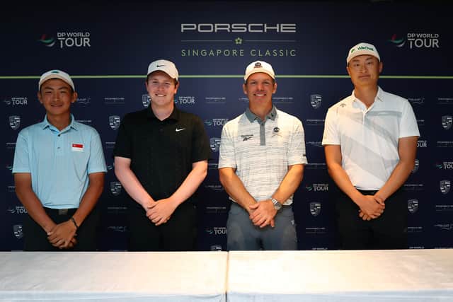 Bob MacIntyre poses with Brayden Lee of Singapore, Englishman Paul Casey and Haotong Li of China pose prior to the Porsche Singapore Classic 