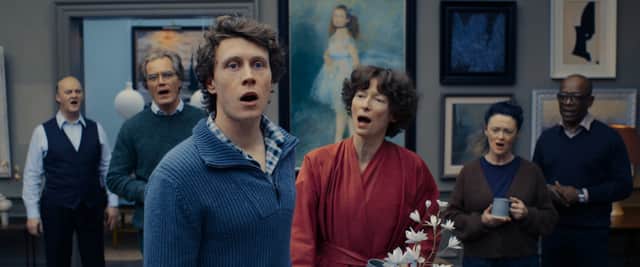 George MacKay and Tilda Swinton, with Tim McInnerny, Michael Shannon, Bronagh Gallagher and Lennie James, in The End.