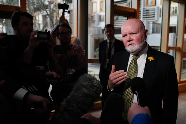 Colin Beattie MSP speaks to journalists in the Scottish Parliament after being cleared by police in Operation Branchform.