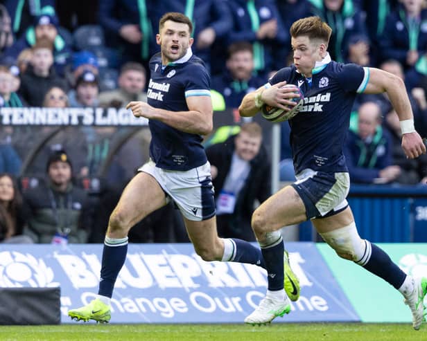 Scotland's Blair Kinghorn (left) and Huw Jones are included in the Six Nations team of the championship. (Photo by Ross MacDonald / SNS Group)