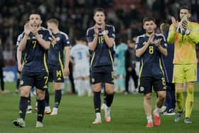 Scotland players greet fans at the end of the Nations League play off first leg win over Greece. (AP Photo/Petros Giannakouris)