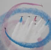 Given the seriousness of our times, it may not be possible to retain the RAF Red Arrows display team, seen performing over Athens last year (Picture: Theophile Bloudanis)