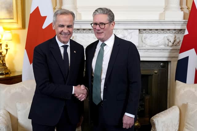 Keir Starmer shakes hands with new Canadian Prime Minister Mark Carney at a meeting in Downing Street (Picture: Jordan Pettitt/WPA pool)