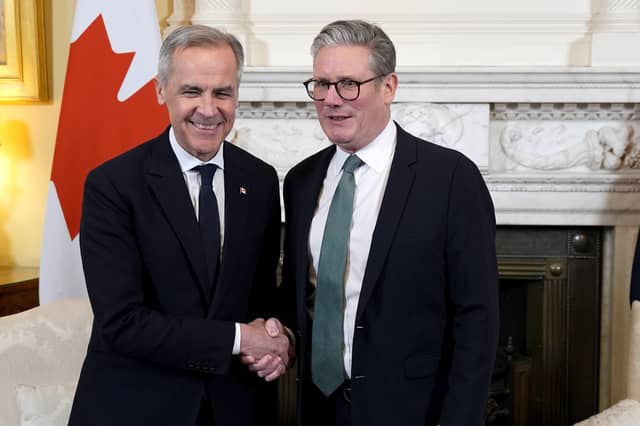 Keir Starmer shakes hands with new Canadian Prime Minister Mark Carney at a meeting in Downing Street (Picture: Jordan Pettitt/WPA pool)